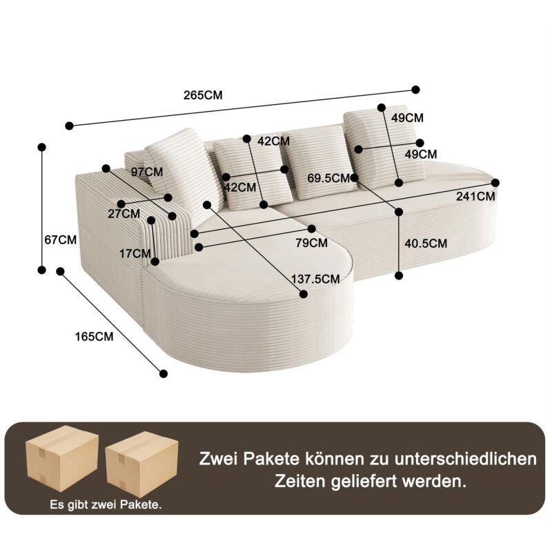 Canapé D'angle Modulable En L 3 Places - Velours Côtelé, Accoudoirs Incurvés - Désossé, Livré Prêt à L'emploi - Vert, Gris Ou Beige