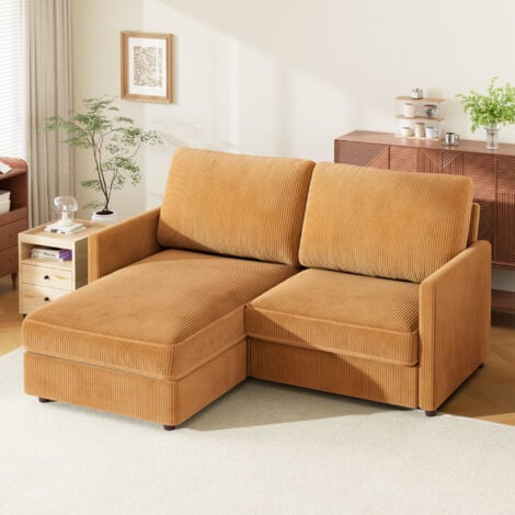 Canapé d'angle réversible 2 Places en Velours Côtelé,Canapé Confortable Moderne en forme de L pour Salon,180x137x84cm,Jaune abricot