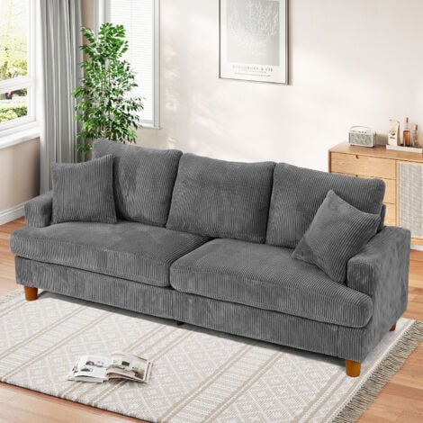 Canapé 3 Places Tissu en Velours Côtelé Luxe avec 2 Oreillers,Grand Canapé Droit Rembourré Confortable,220L x 76P x 84H cm,Gris