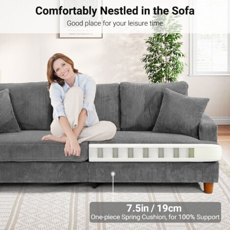 Canapé 3 Places Tissu en Velours Côtelé Luxe avec 2 Oreillers,Grand Canapé Droit Rembourré Confortable,220L x 76P x 84H cm,Gris