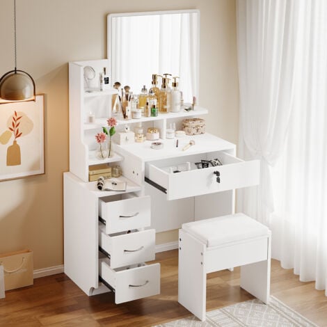 Coiffeuse Moderne avec Miroir - Table de Maquillage 4 Tiroirs 1 Tabouret - 4 Etagères de rangement - 87 x 40 x 144 cm - Blanc