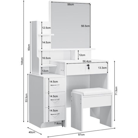 Coiffeuse Moderne avec Miroir - Table de Maquillage 4 Tiroirs 1 Tabouret - 4 Etagères de rangement - 87 x 40 x 144 cm - Blanc