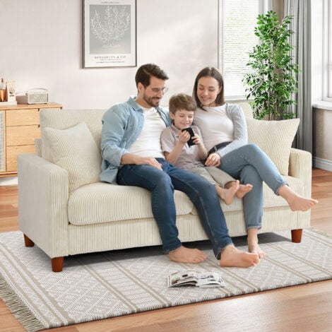 Canapé Luxe 2 Places en Velours Côtelé,Canapé Droit Rembourré Confortable Moderne avec 2 Coussins,178L x 76P x 89H cm,Beige