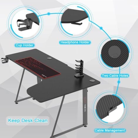 Bureau Gaming Ergonomique,Table d'ordinateur en Forme de L Droite,Grand Bureau de jeu avec Panier à Boissons Crochet Pour Casque,Adapté au Bureau Maison,160x100x75cm