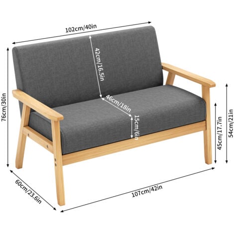 Canapé à 2 Places Scandinave,Fauteuil Salon Moderne Tissu Lin Gris Cadre en Bois,107 x 60 x 76 cm,pour Petit Appartement Chambre Bureau
