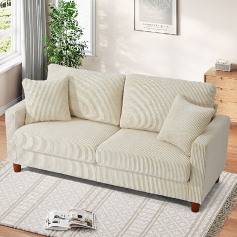 Canapé en Velours Côtelé 2 Places,Grand Canapé Droit Rembourré Moderne avec Sièges extra profonds de 56cm - 2 Coussins - 178x76x89cm - Beige