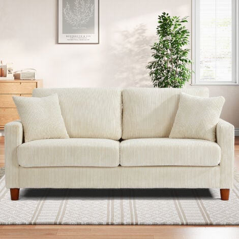Canapé en Velours Côtelé 2 Places,Grand Canapé Droit Rembourré Moderne avec Sièges extra profonds de 56cm - 2 Coussins - 178x76x89cm - Beige