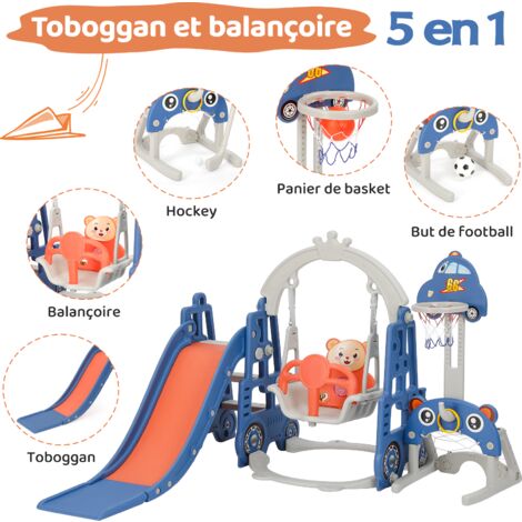 GOPLUS 4 En 1 Toboggan Interieur Exteirue Enfant Pliable, Aire De Jeux Enfants Avec Glissière, Balançoire Réglable 29/34,5/40CM, Panier Basket, Jouet Pour Garçons Filles 1,5 Ans, Charage 30KG