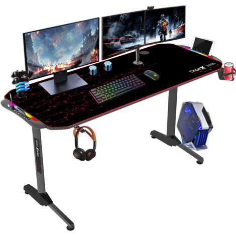 Bureau Gaming Ergonomique, Table d'ordinateur avec LED,Grand Bureau de jeu avec Panier à Boissons Crochet Pour Casque,Adapté au Bureau Maison,150x60x75cm