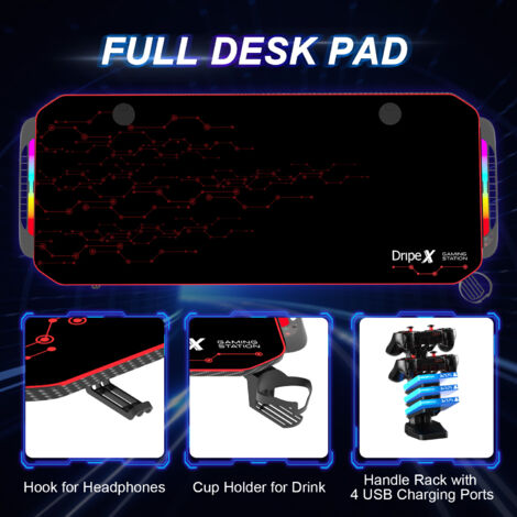 Bureau Gaming Ergonomique, Table d'ordinateur avec LED,Grand Bureau de jeu avec Panier à Boissons Crochet Pour Casque,Adapté au Bureau Maison,150x60x75cm