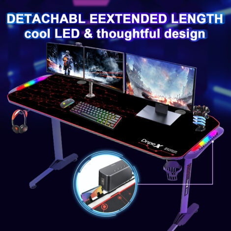 Bureau Gaming Ergonomique, Table d'ordinateur avec LED,Grand Bureau de jeu avec Panier à Boissons Crochet Pour Casque,Adapté au Bureau Maison,150x60x75cm