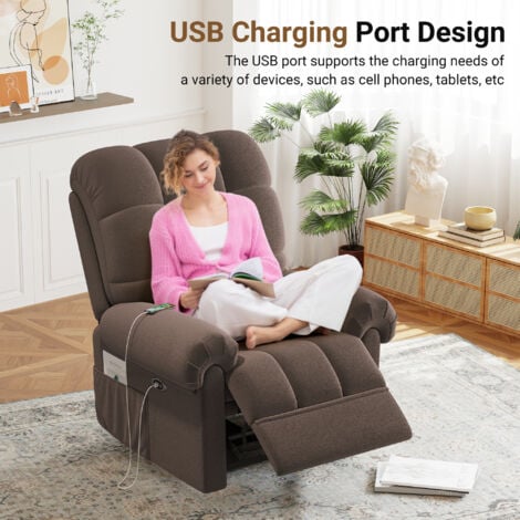 Fauteuil Relax Fauteuil électrique en Velours Teddy avec USB,Anti-statique avec Repose Pieds,96L x 97P x 104H cm,Marron