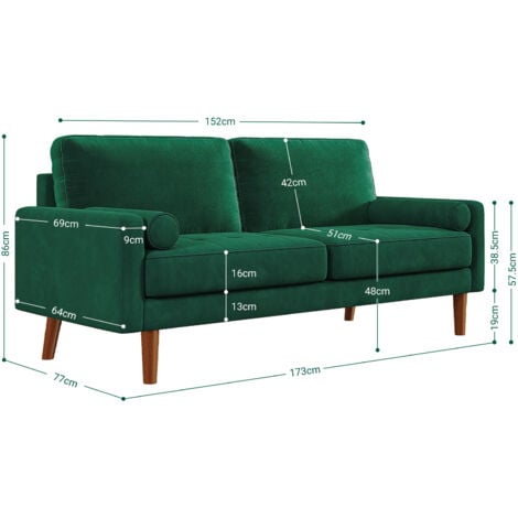 Canapé Droit Salon 3 Places avec Accoudoirs en Velours Moderne,Canapé à Bras Roulés Loveseat,173L x 77l x 86H cm,Vert