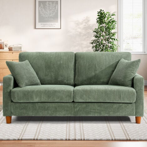 Canapé en Velours Côtelé 2 Places,Grand Canapé Droit Rembourré Moderne avec Sièges extra profonds de 56cm - 2 Coussins - 178x76x89cm - Vert