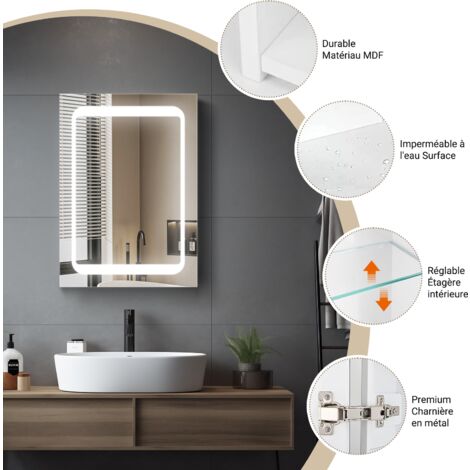 Armoire Salle De Bain Avec Miroir Et éclairage LED - 120x40x90 Cm, Blanc, Rangement, Interrupteur Tactile - 6