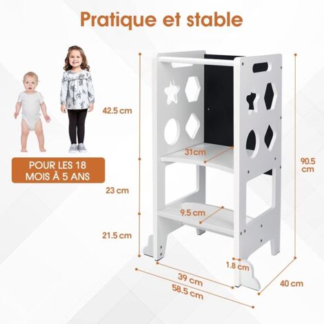 Tour D'Apprentissage Montessori Ezebaby - 3 Hauteurs Réglables - Bois Noir - Sécurité Anti-Basculement - Dès 1 An