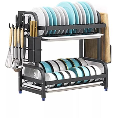 Égouttoir à Vaisselle 2 niveaux,Égouttoir pour évier avec Porte Couverts Support pour Planche à Découper,Porte Couteau,Plateau d'égouttage,54x23x42cm Noir