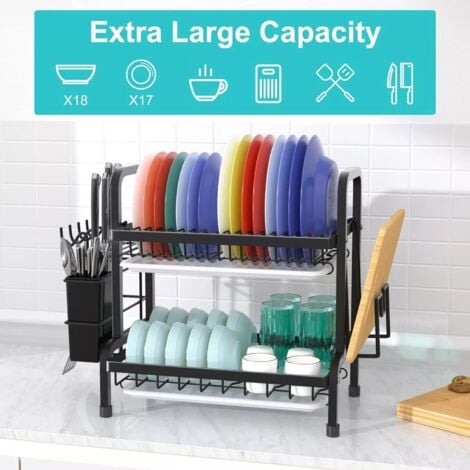 Égouttoir à Vaisselle 2 niveaux,Égouttoir pour évier avec Porte Couverts Support pour Planche à Découper,Porte Couteau,Plateau d'égouttage,54x23x42cm Noir
