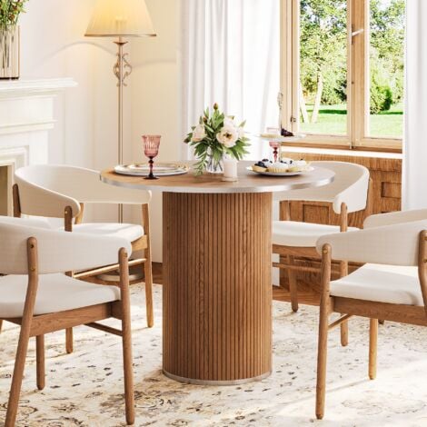 Table à manger Ronde pour 4 personnes,Table de salle à manger avec piètement en lattes de bois,pour cuisine,salon,Noyer(table seule)