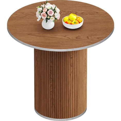 Table à manger Ronde pour 4 personnes,Table de salle à manger avec piètement en lattes de bois,pour cuisine,salon,Noyer(table seule)