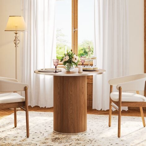 Table à manger Ronde pour 4 personnes,Table de salle à manger avec piètement en lattes de bois,pour cuisine,salon,Noyer(table seule)