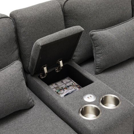 Canapé 4 Places Moderne Avec Console Centrale - Tissu Lin, 2 Ports USB, 2 Porte-gobelets, Poches Accoudoirs - Gris Foncé - 6