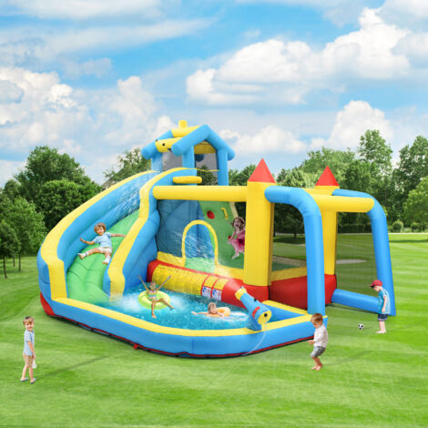 Toboggan Gonflable D'eau 8 En 1 Avec Souffleur 550W - Piscine, Doubles Toboggans, Jeux D'eau Pour Enfants Intérieur/extérieur