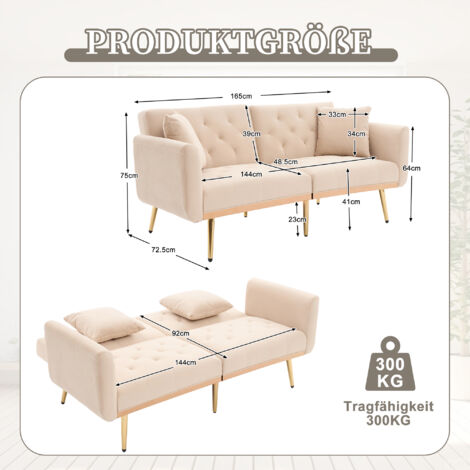BTM Canapé Convertible 2 Places, Avec Dossier Réglable, Canapé-lit Extractible Beige Avec 2 Oreillers, Sofa Pliant Pour Petits Appartements Et Dortoir, Beige
