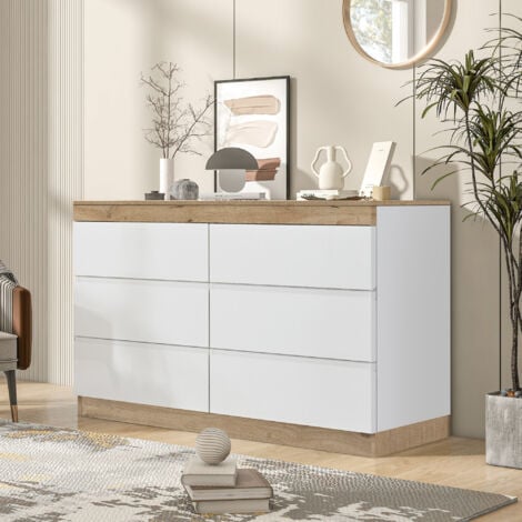 Buffet Salon Classique avec 6 Tiroirs, Casier,Armoire,Commode Chambre Elégant, Blanc et Bois, 110x40x67.5cm