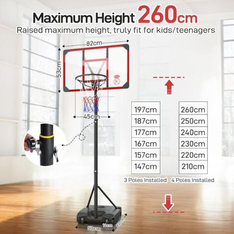 Panier de Basket Ball sur Pied Portable Hauteur Réglable 147-260cm,avec Roulettes,Exterieur Interieur pour Enfants/Adultes - Rouge