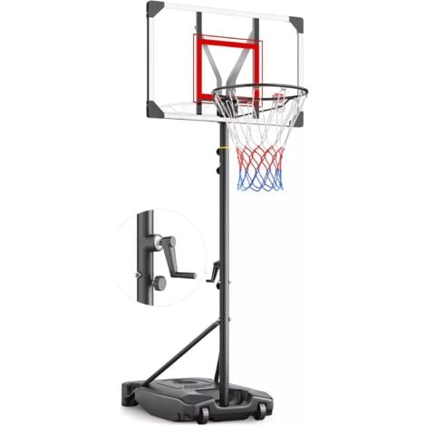 Panier de Basket Ball à manivelle sur Pied Portable Hauteur Réglable 153  260cm,Avec Roulettes,Exterieur Interieur pour Enfants Adultes,Blanc+Rouge