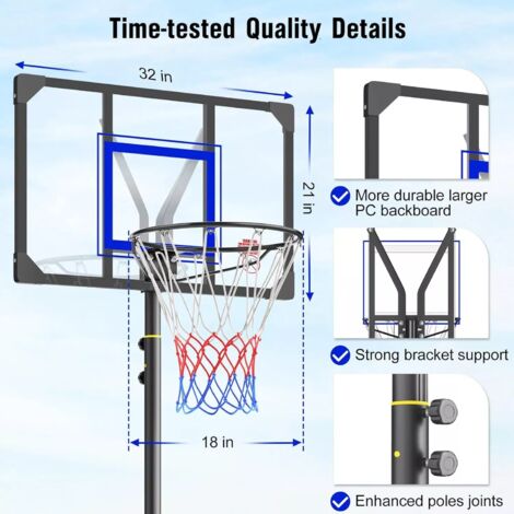 Panier de Basket Ball à manivelle sur Pied Portable Hauteur Réglable 153 - 260cm,Avec Roulettes,Exterieur Interieur pour Enfants Adultes,Noir+Bleu