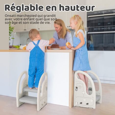 Marchepied Enfant En Bois Avec 2 Marches - Antidérapant, Stable, Imperméable - Pour Salle De Bain, Cuisine, Autonomie - Motifs Enfantins