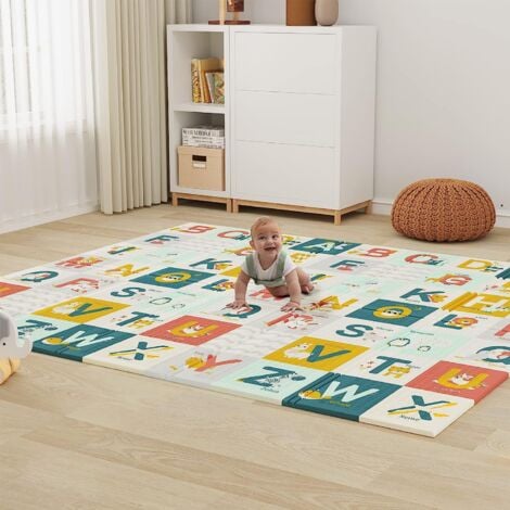 Tapis de Jeu Bébé Réversible 200x180cm, Tapis d'éveil Enfant Pliable Imperméable Double Face, Matériau XPE, Alphabet+Voilier