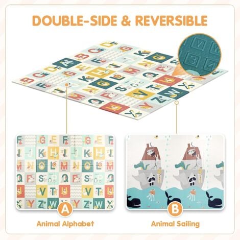 Tapis de Jeu Bébé Réversible 200x180cm, Tapis d'éveil Enfant Pliable Imperméable Double Face, Matériau XPE, Alphabet+Voilier