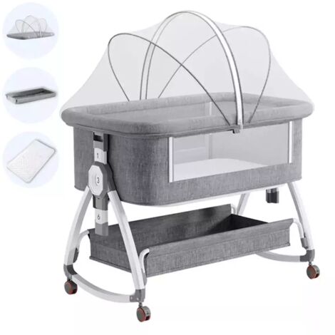 Berceau Cododo Réglable 7 Hauteurs Avec Roulettes – Lit D'Appoint Sécurisé Pour Bébé – Gris Clair, Avec Matelas Et Panier De Rangement