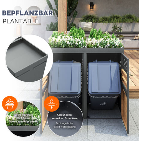 Poubelle Extérieure Avec Toit Végétalisé – 2 Bacs 120-240L, Aspect Bois, Métal Anthracite