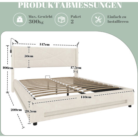 Fortuna Lai Lit Coffre 140x200 Cm Avec Sommier, Lit Capitonné Avec Port USB Et Type-C, Lampe De Lecture, Lit Double Avec Sommier à Lattes, Velours, Beige (Beige