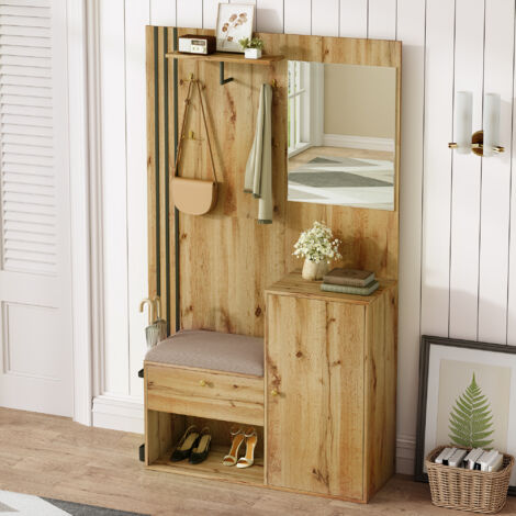 HOMCOM Ensemble de Meubles d'Entrée Vestiaire 3 en 1 Multifonction Meuble Chaussures Miroir et Panneau Porte-Manteau Bois Naturel