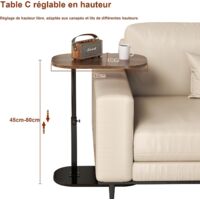 Table D'appoint En Forme De C Réglable En Hauteur - Plateau Rotatif 360°, Bois, Pour Canapé, Lit, Salon - 45 à 80 Cm