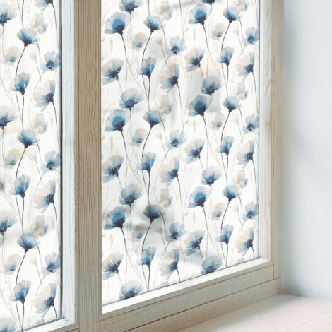 Klebefolie 50x100 cm PVC Sichtschutz Fenster Dekorativ Dekorfolie Blickdicht Selbstklebend Folie für Badezimmer Schlafzimmer Milchglas Blaue Blumen (1/5)