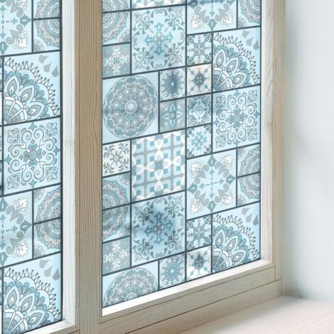 Fensterfolie 100x100 cm Folie für Badezimmer Büro PVC Sichtschutz Fenster Milchglas Selbstklebend Blickdicht Dekorfolie Dekorativ Blaue Fliesen
