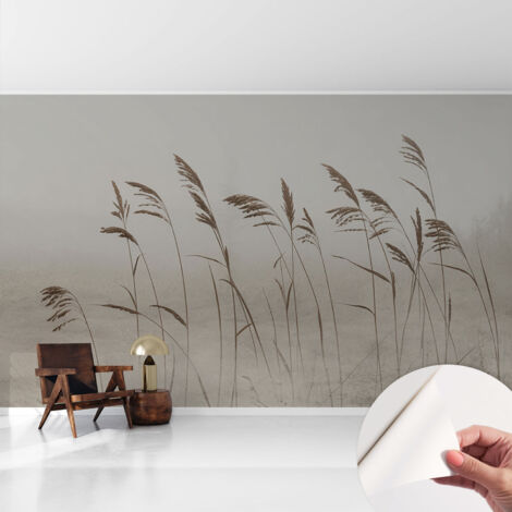 Selbstklebende Tapete modern Wohnzimmer - Wanddeko Schlafzimmer - Tapete mit Motiv Gräser im Nebel 416x254 cm (1/5)