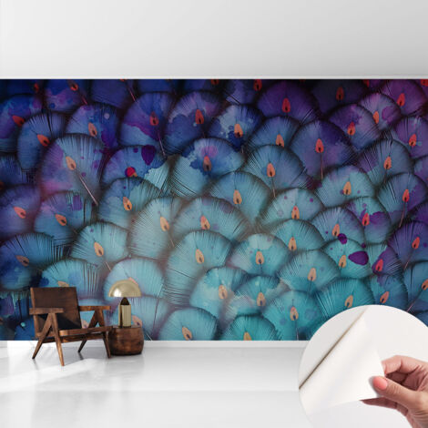 Selbstklebend Tapete modern - Wanddeko für Küche - Klebefolie Wand - luxus Look Bunte Federn 416x254 cm (1/5)