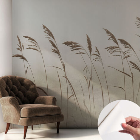 Selbstklebende Tapete modern Wohnzimmer - Wanddeko Schlafzimmer - Tapete mit Motiv Gräser im Nebel 250x250 cm