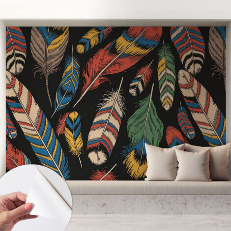 Tapete Selbstklebend - Fototapete mit Motiv - Wandtapete modern - Wandgestaltung Bunte Federn 208x146 cm (1/5)