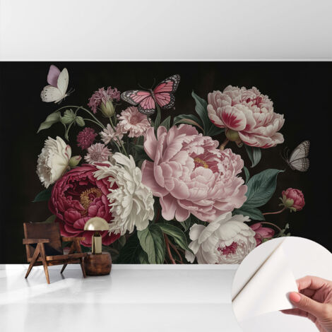 Selbstklebend Tapete modern Wohnzimmer - Wanddekoration - einfach anzubringen Pfingstrosen und Schmetterlinge 416x254 cm (1/5)