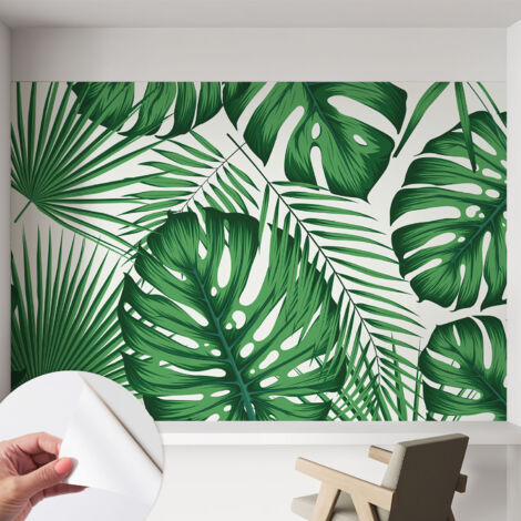 Fototapete Selbstklebend - Büro Wandgestaltung - Wanddekoration Wohnzimmer Tropische Blätter 152x104 cm