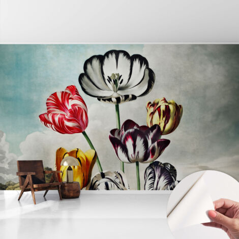 Selbstklebend Tapete modern Wohnzimmer - Wanddekoration - einfach anzubringen Bunte Tulpen 416x254 cm (1/5)