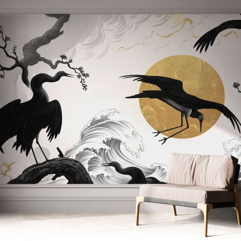 Selbsthaftend Tapete für Wohnzimmer Schlafzimmer Küche - Wanddekoration Schwarze Kraniche 312x219 cm (1/5)